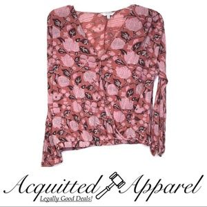 Lucky Brand Wrap Front Pink Floral Top Shirt Sheer